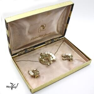 Vintage Mother of Pearl Pin and Clip On Earring Set Original Box - Hey Viv
